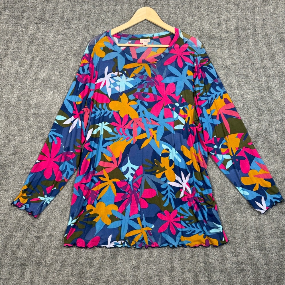 Logo Layers Plus Size 2X Tunic Top Pink Blue Floral Beach Semi Sheer